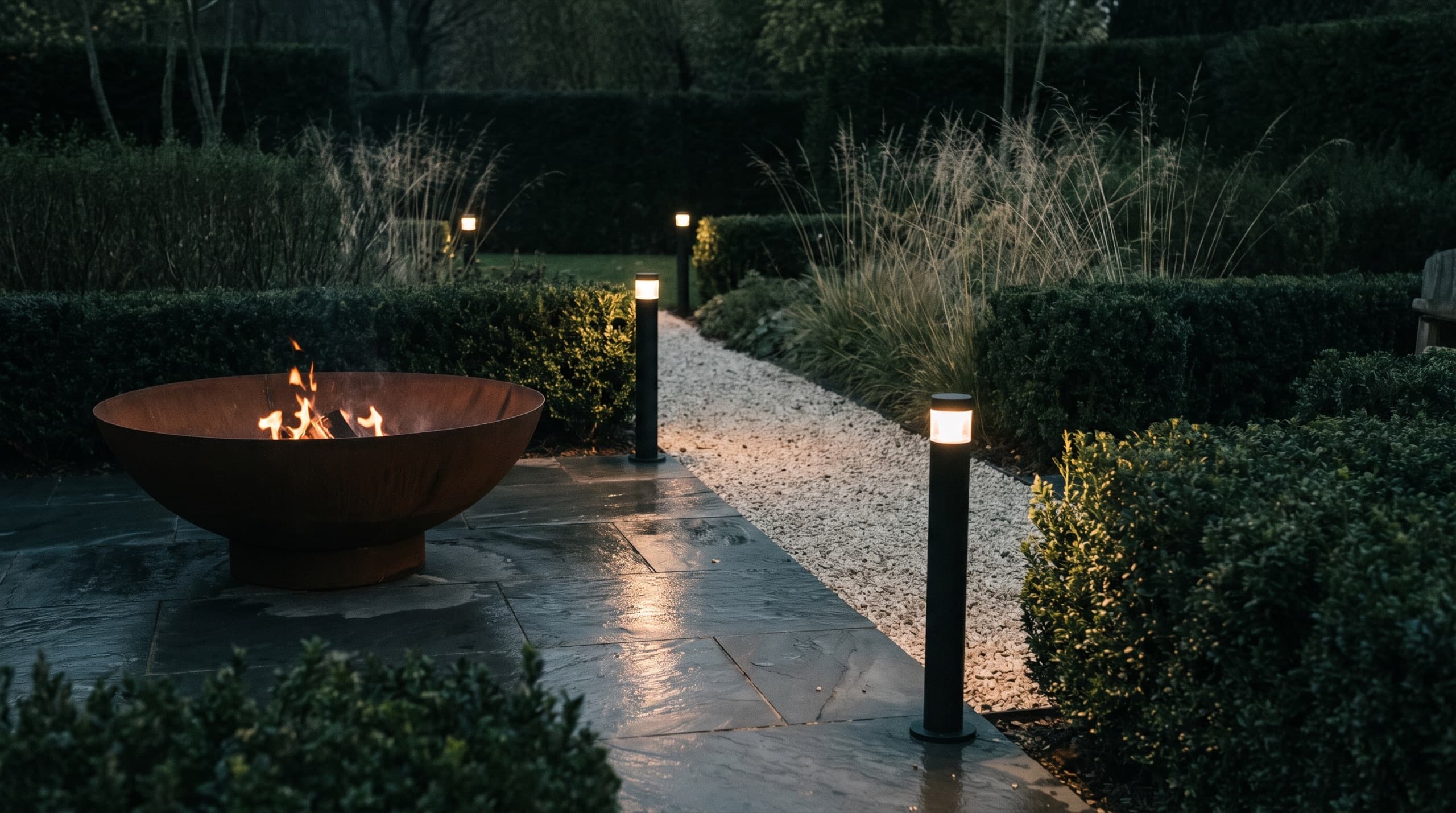 Terrasse de jardin à l'heure bleue, brasero allumé et bornes lumineuses le long de l'allée