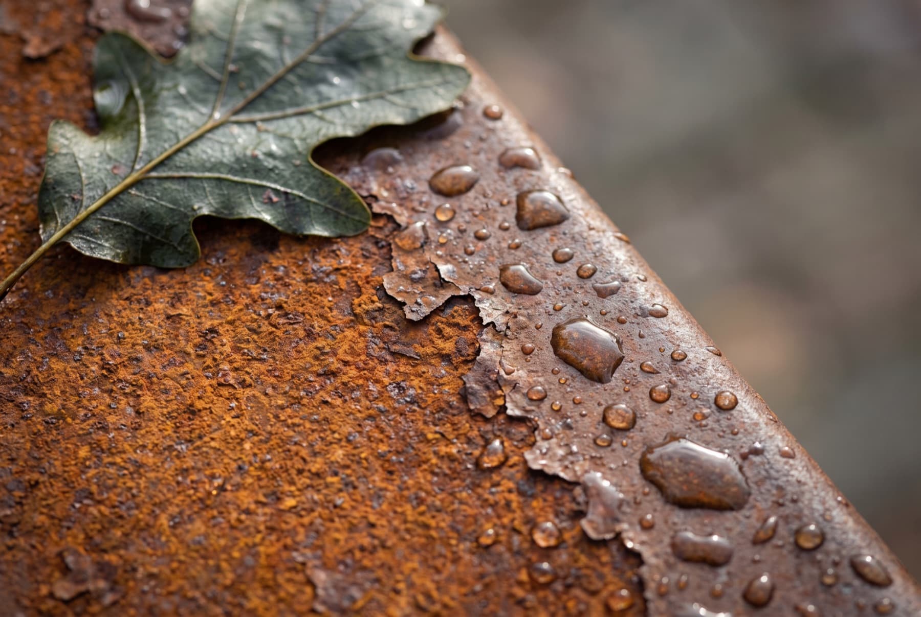 Surface d'acier corten après la pluie, gouttes accrochées à la patine